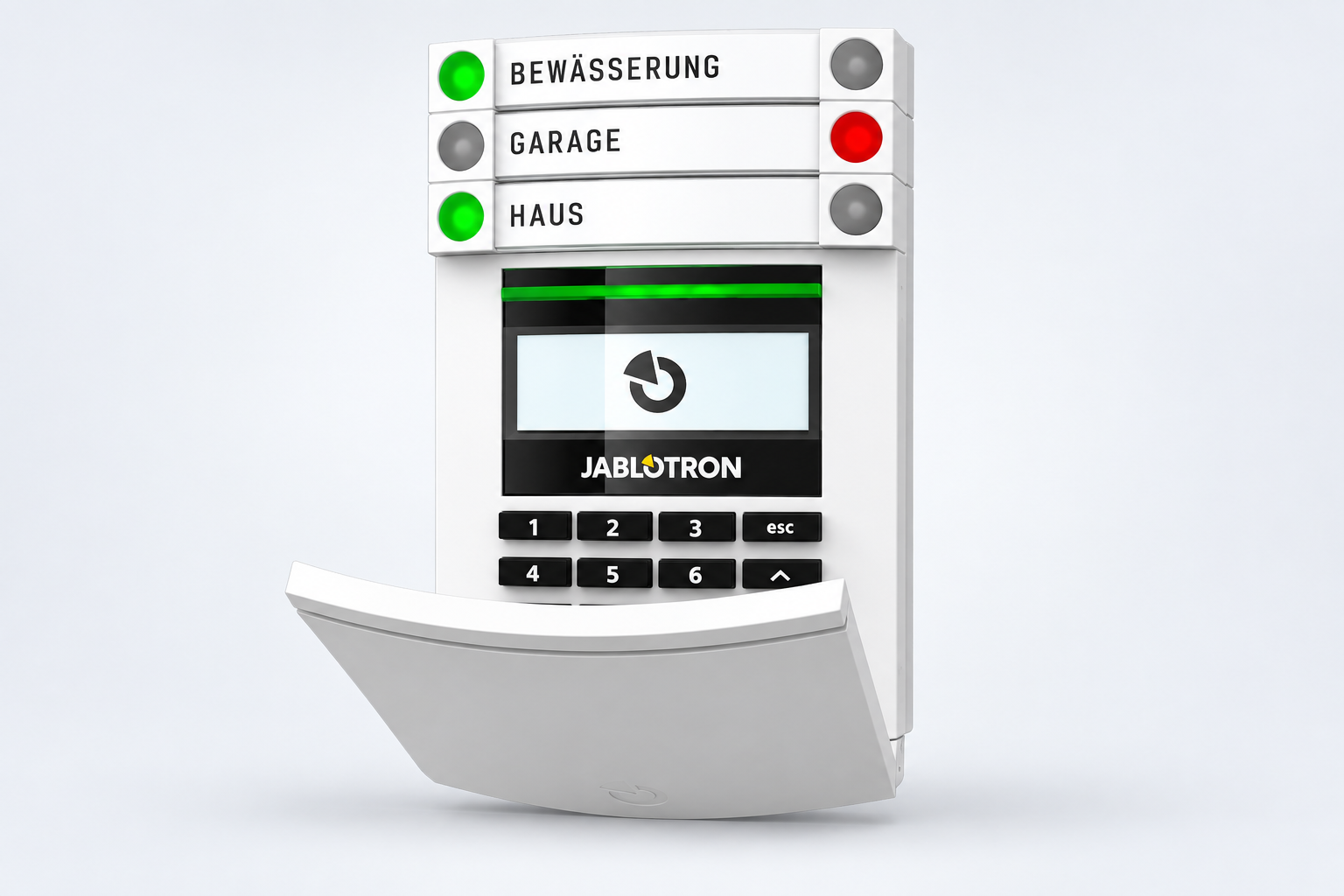 Jablotron-Bedienteil mit Display, Steuersegmenten und geöffneter Tastaturabdeckung